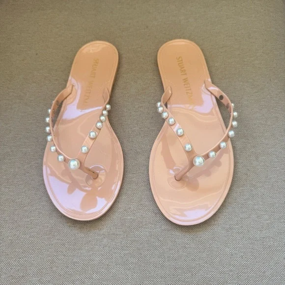 Stuart Weitzman Goldie Jelly Flip Flop Pearls Size US 8 EU 39 Dusty Pink - Picture 3 of 9